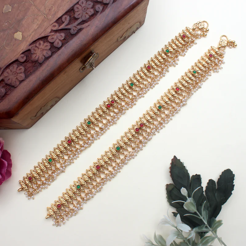 Antique Gold Heavy Temple Kemp Bridal Anklets